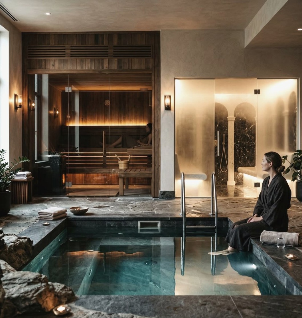 A recovery suite with soaking pool, sauna and steam room