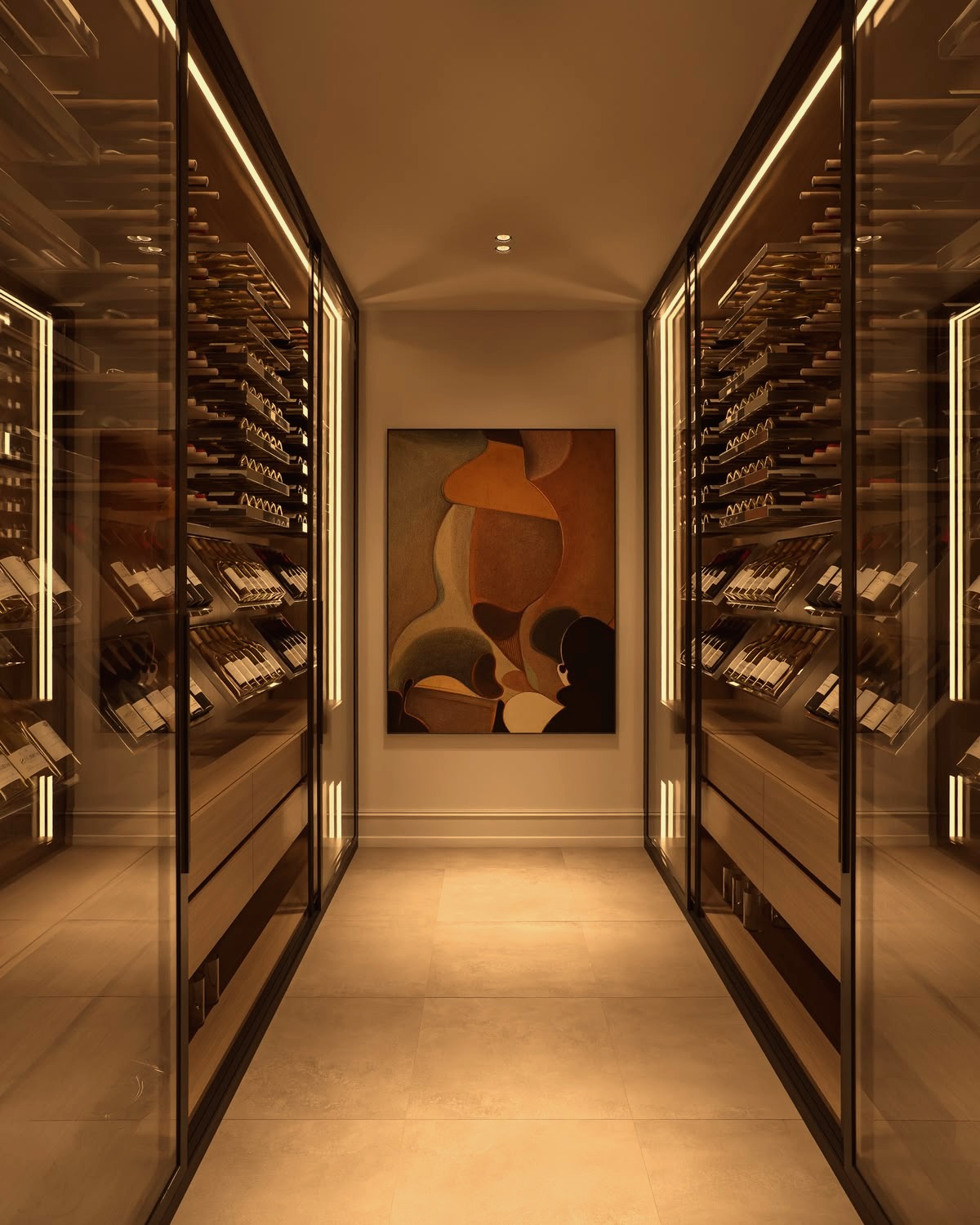 The glass-fronted wine cellar